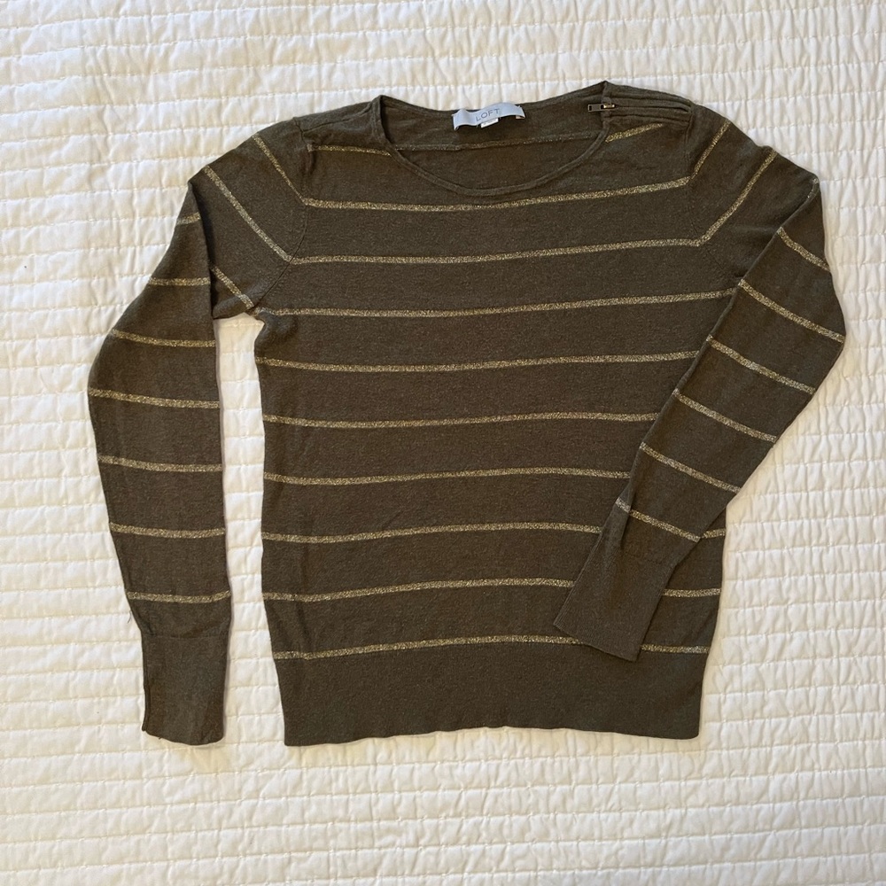 Loft  |  Green and Gold Striped Sweater with Shoulder Zip